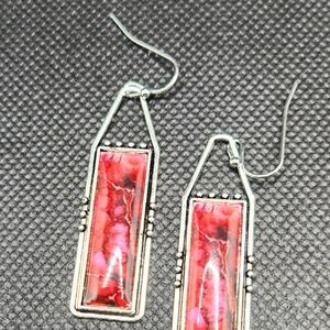 Earrings, Striking Red and Silver  with Rectangular Design